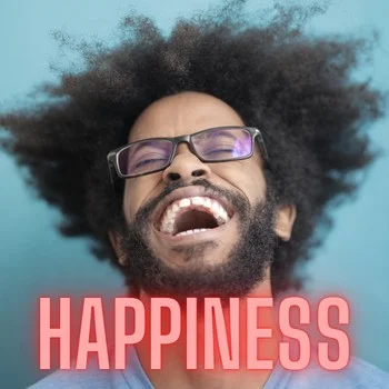 man laughing and the word happiness